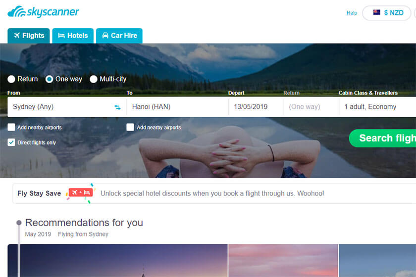 Skyscanner home page for cheap flights.
