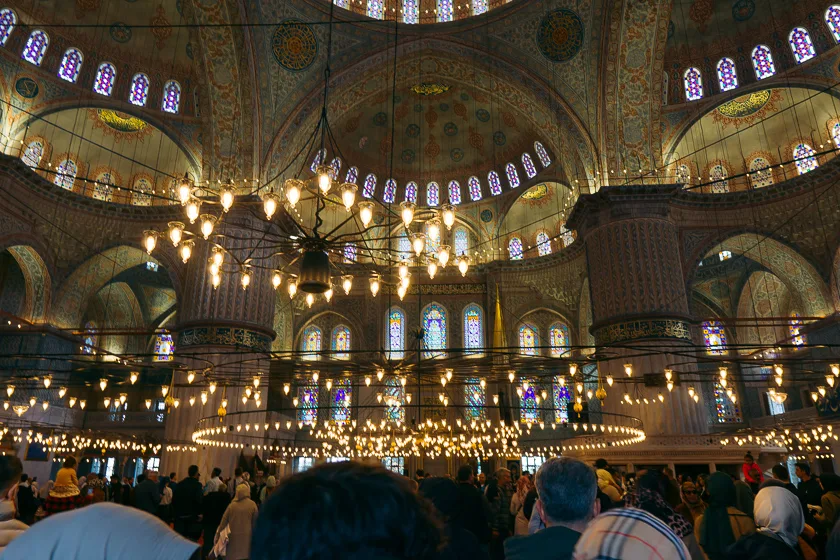 Inside the Blue mosque in Istanbul.